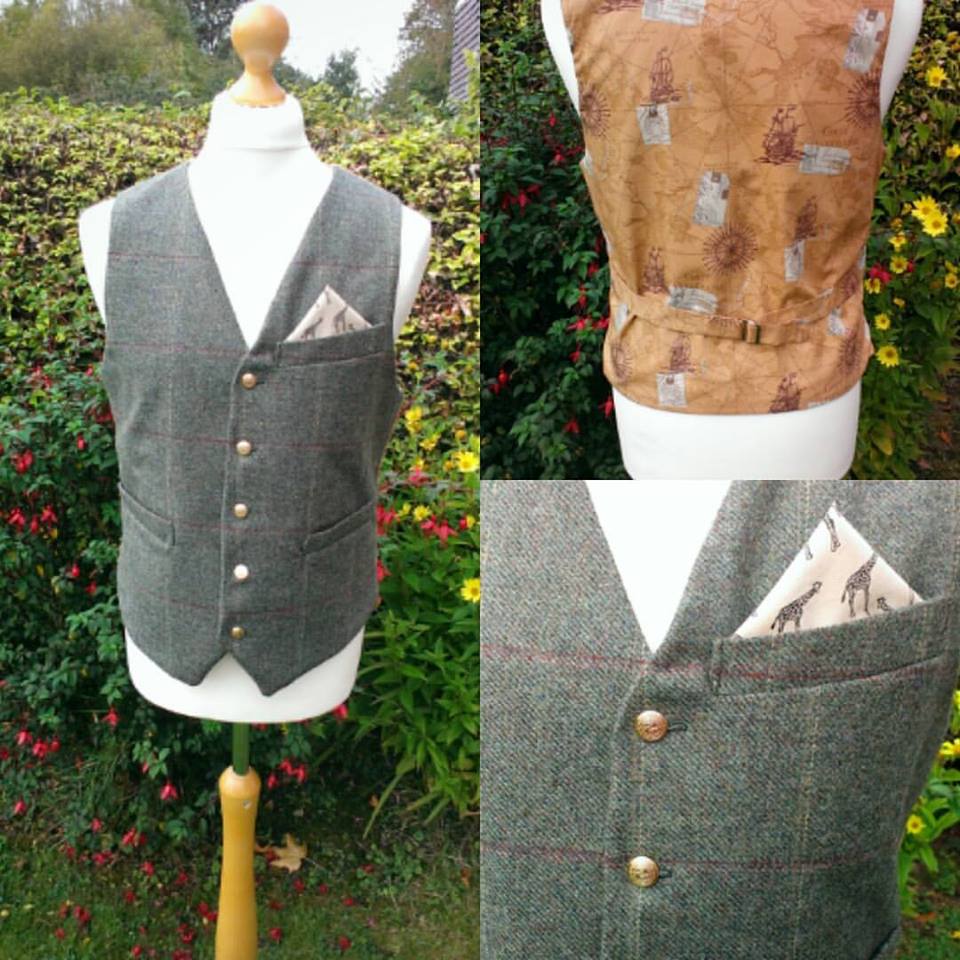 Bespoke tweed waistcoat with travel inspired back and lining.